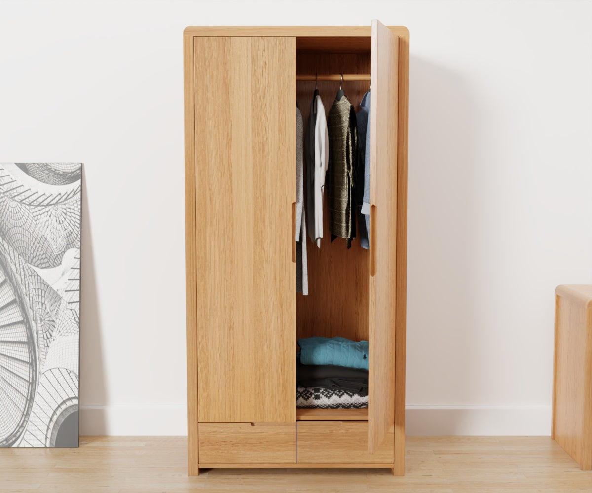 Julian Bowen Curve 2 Door Wardrobe has 2 doors and 1 drawer at the bottom. Front view with one door open to reveal the inner rail.