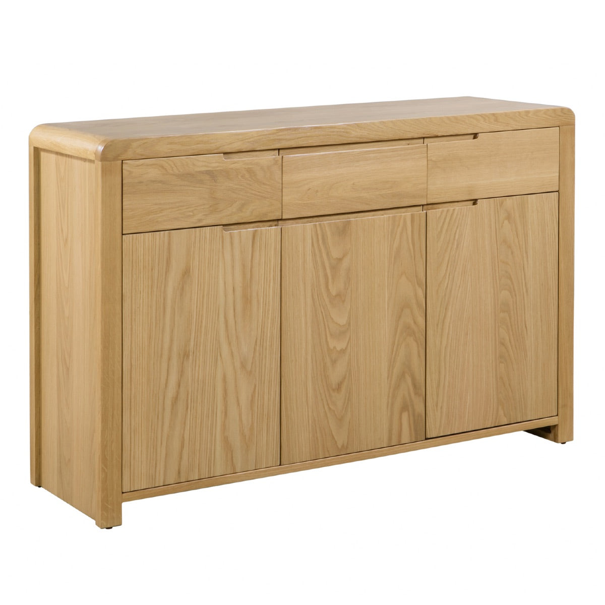 Julian Bowen Curve Oak Sideboard. Angled front view cut-out image on a white background.