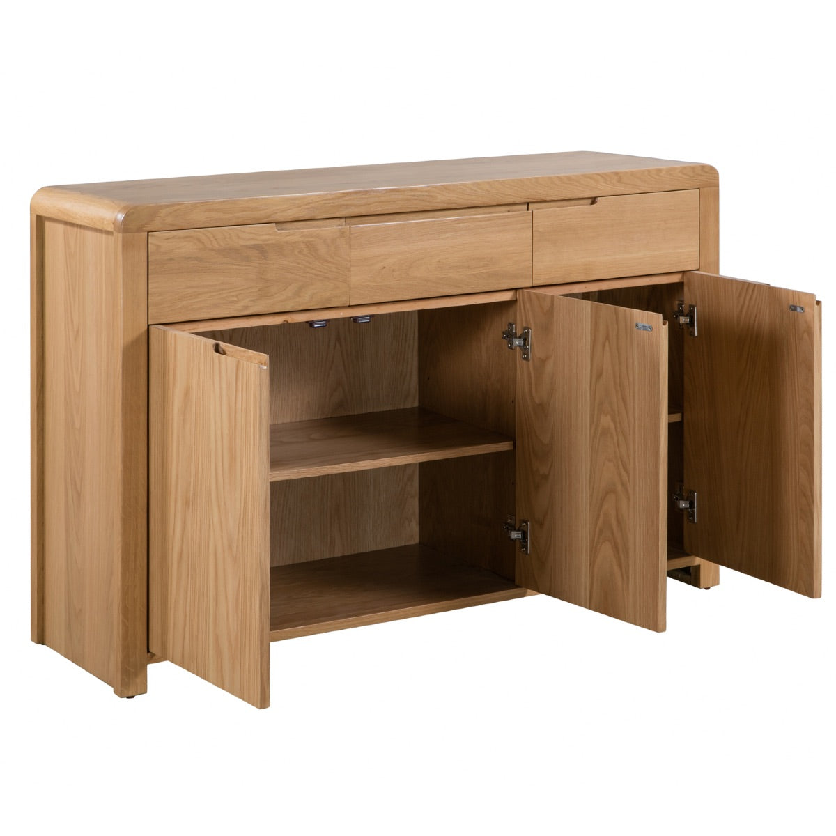 Julian Bowen Curve Oak Sideboard. Angled front view cut-out image on a white background, with doors open.