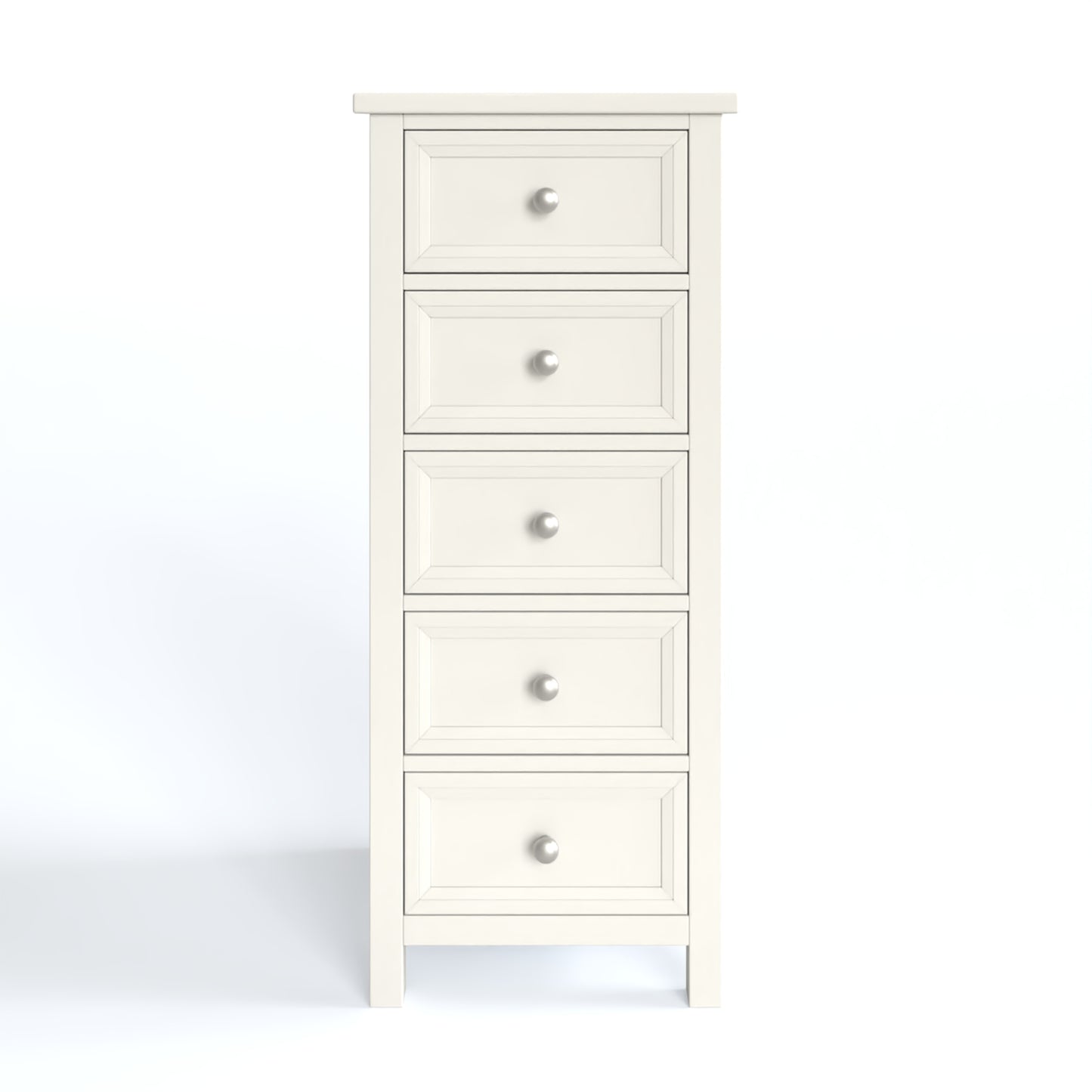 Maine 5 Drawer Chest in white has a square-edged top, with 5 equal vertical drawers with round handles. By Julian Bowen.