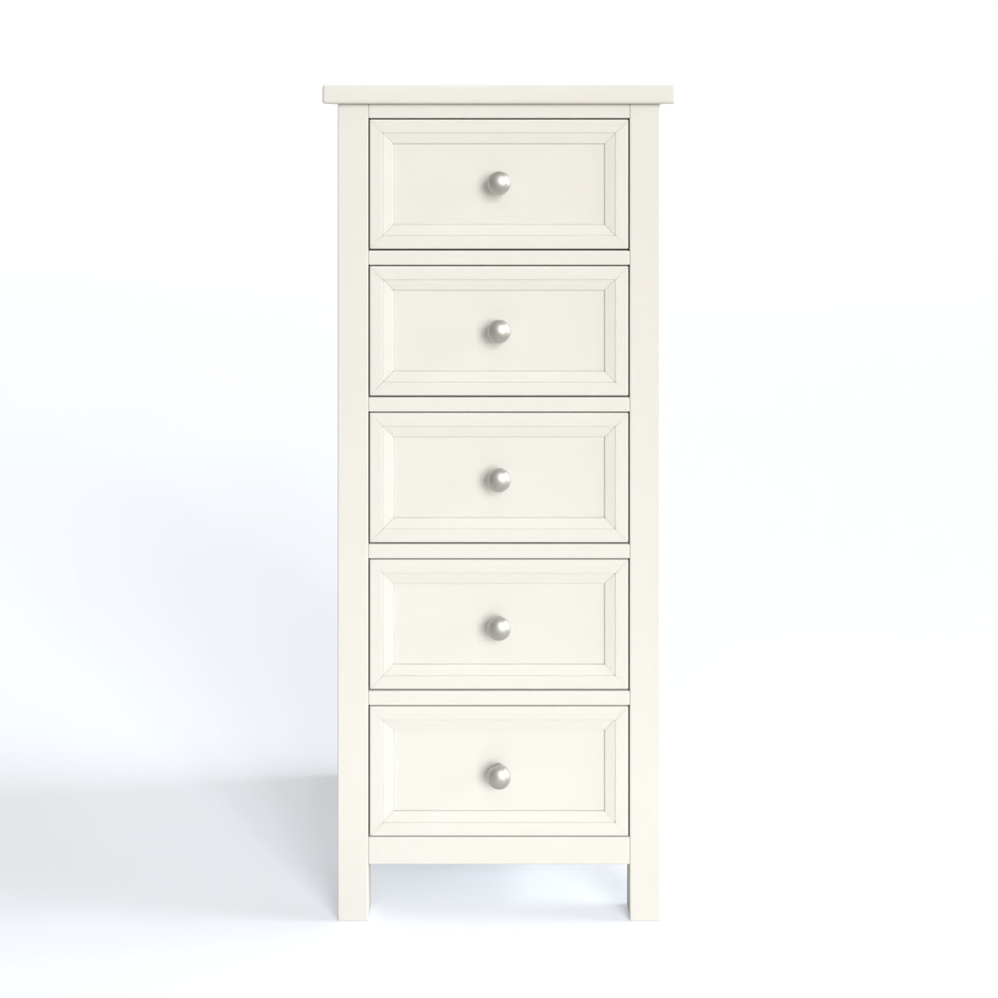 Maine 5 Drawer Chest in white has a square-edged top, with 5 equal vertical drawers with round handles. By Julian Bowen.