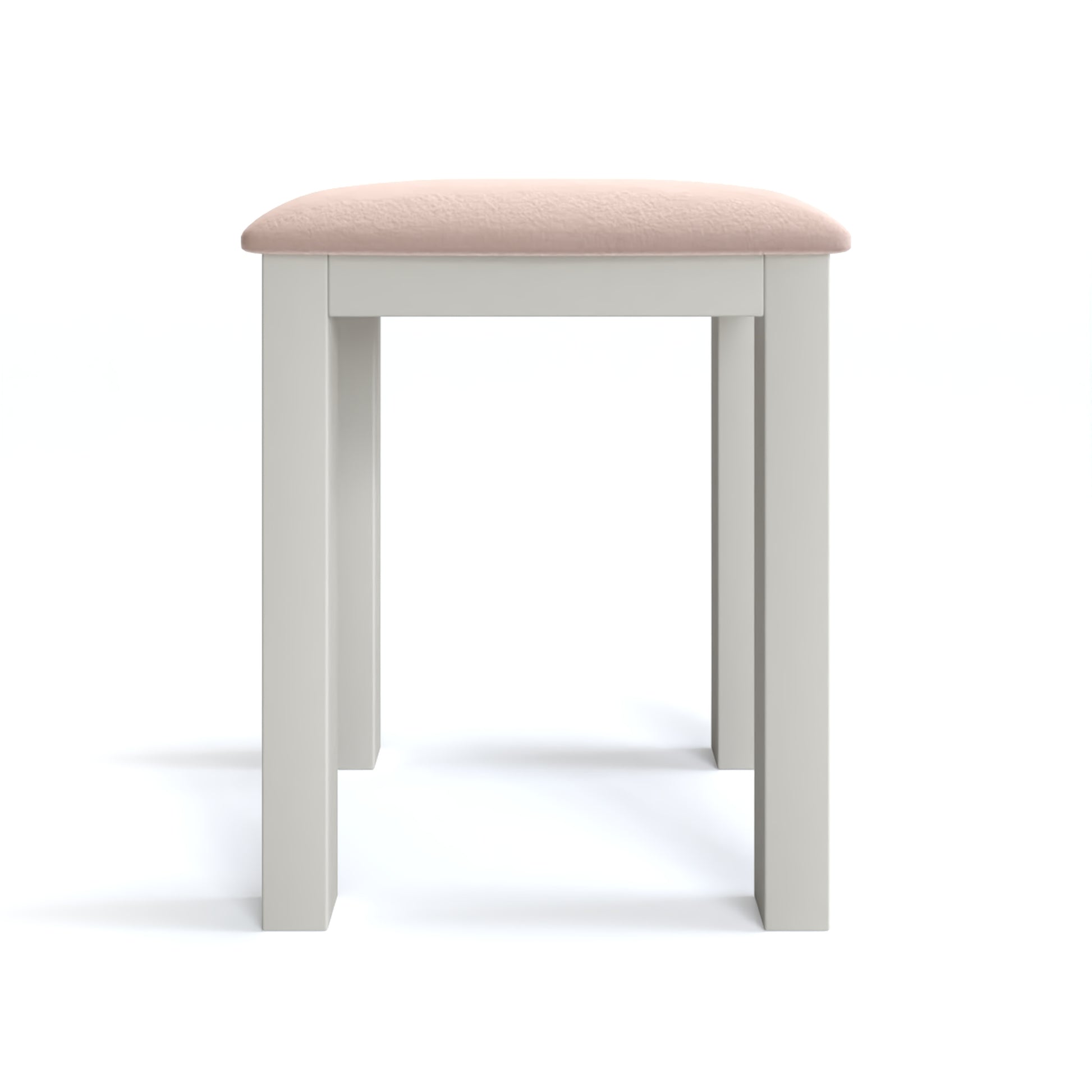 Maine Dressing Stool in grey has four square-edged legs, with a fabric seat. By Julian Bowen.