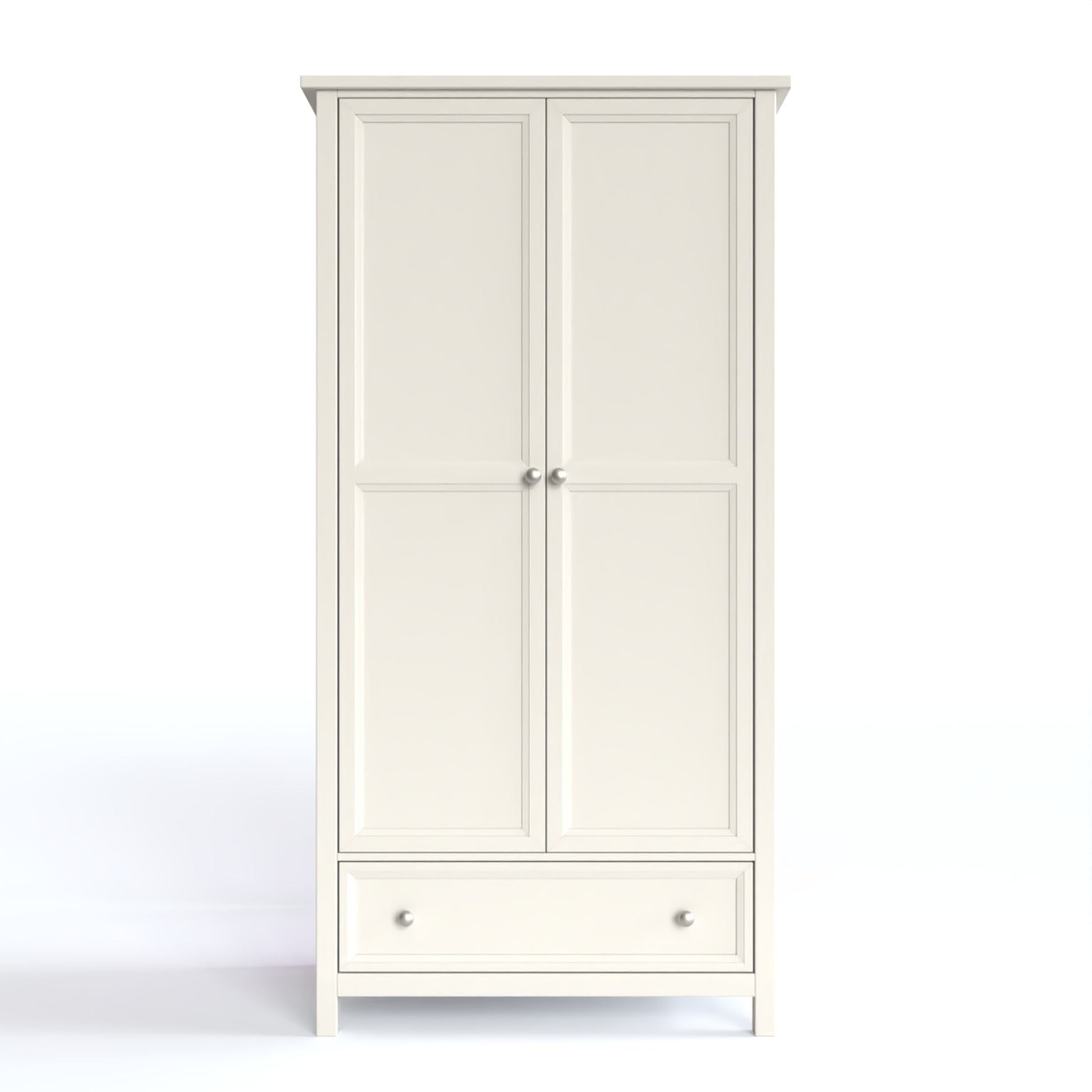 Maine 2 Door Wardrobe in white has 2 tall doors and 1 drawer at the bottom. By Julian Bowen.