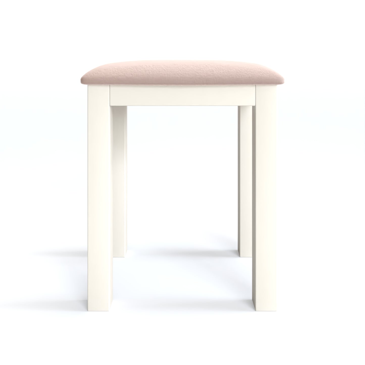 Maine Dressing Stool in white has four square-edged legs, with a fabric seat. By Julian Bowen.