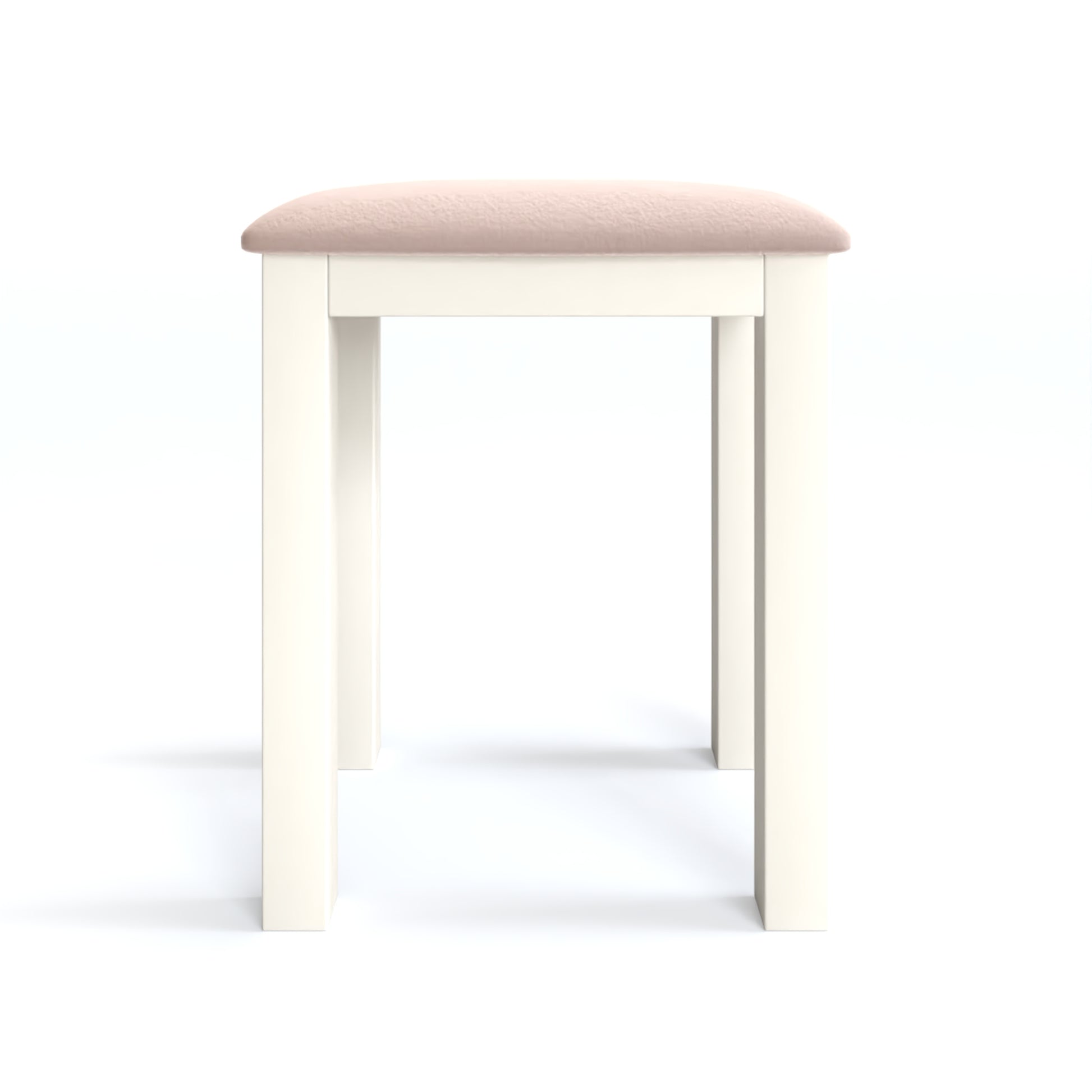 Maine Dressing Stool in white has four square-edged legs, with a fabric seat. By Julian Bowen.