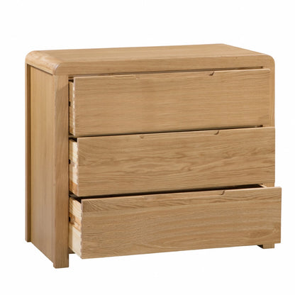 Julian Bowen Curve 3 Drawer Chest. Angled front view cut-out image on a white background, with drawers open.