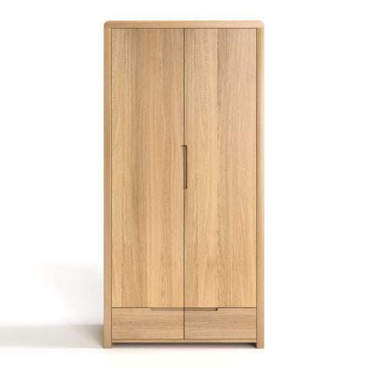 Julian Bowen Curve 2 Door Wardrobe has 2 doors and 1 drawer at the bottom. Cut-out image on a white background.