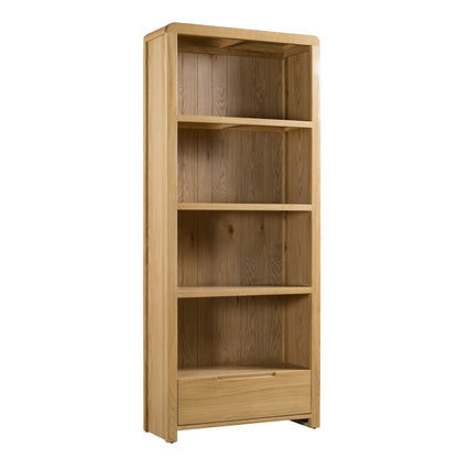 Julian Bowen Curve Tall Bookcase. Angled front view cut-out image on a white background.