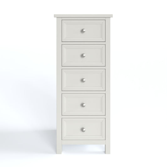 Maine 5 Drawer Tall Chest in white has a square-edged top, with 5 equal vertical drawers with round handles. By Julian Bowen.