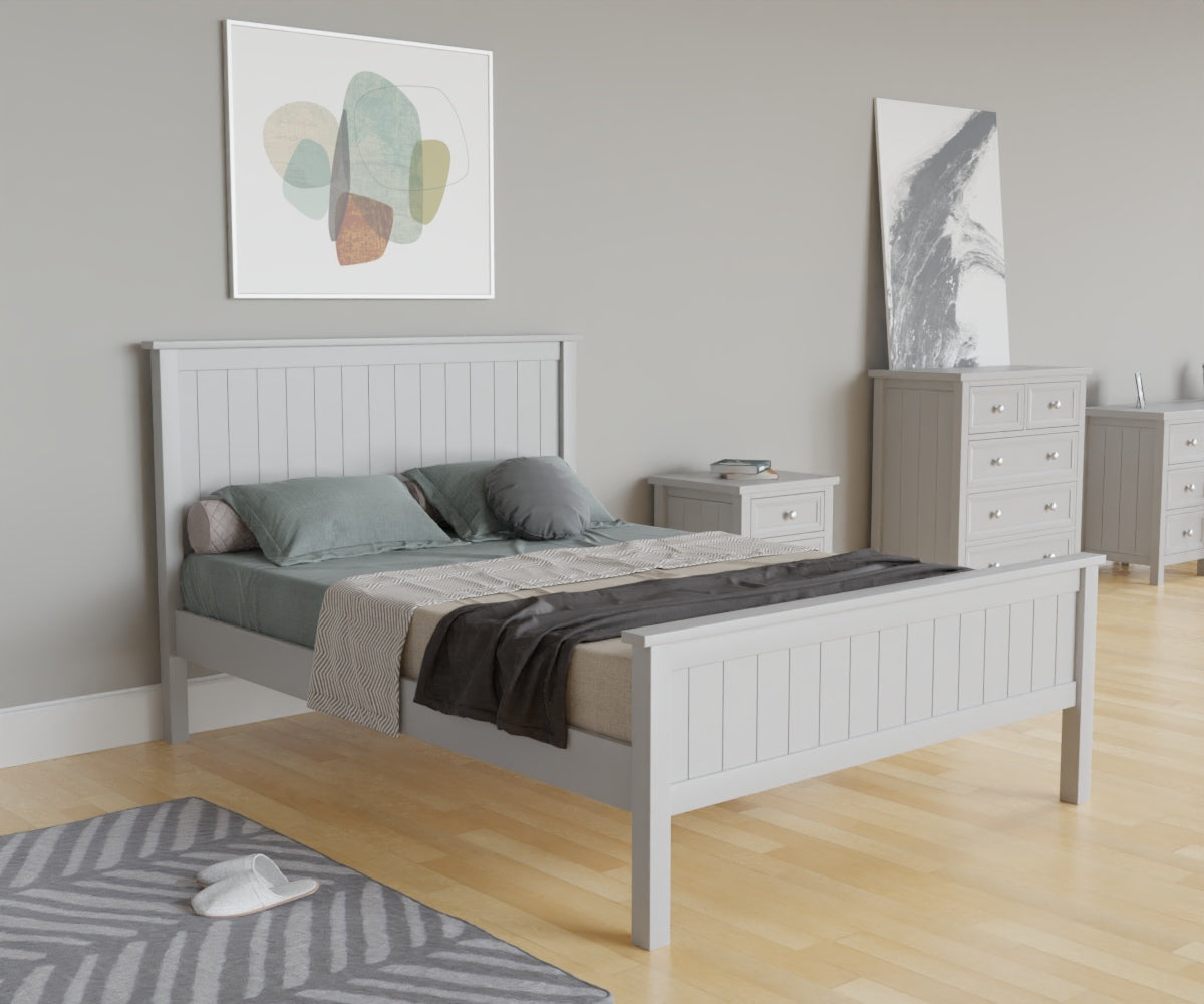 Maine Bed frame in grey with headboard. This lifestyle image features other products from the Julian Bowen Maine range.