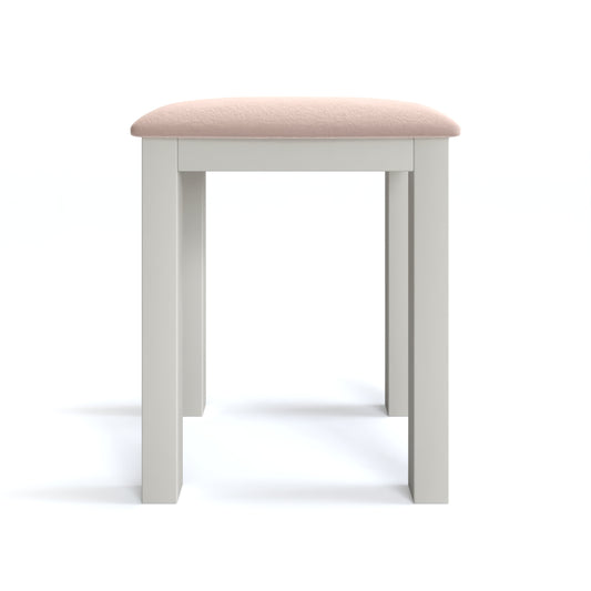 Maine Dressing Stool in grey has four square-edged legs, with a fabric seat. By Julian Bowen.