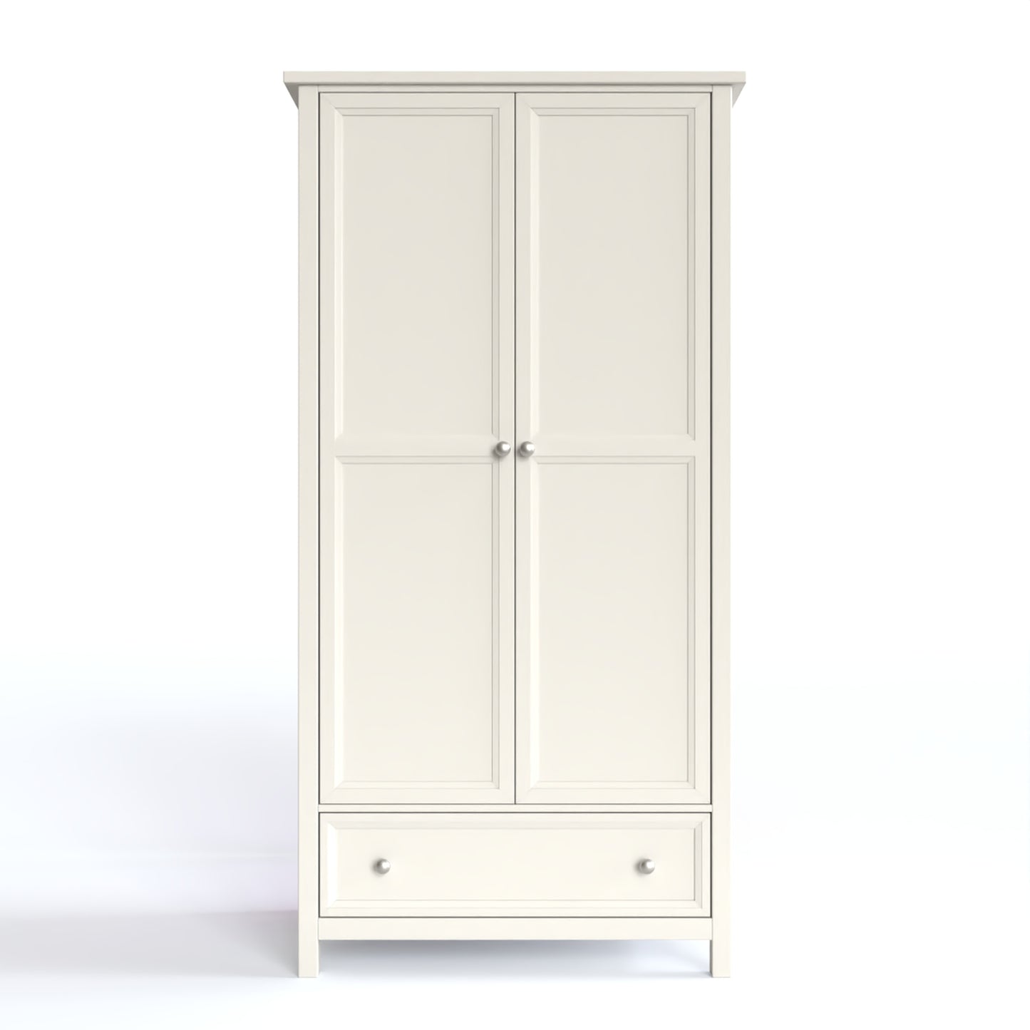 Maine 2 Door Wardrobe in white has 2 tall doors and 1 drawer at the bottom. By Julian Bowen.