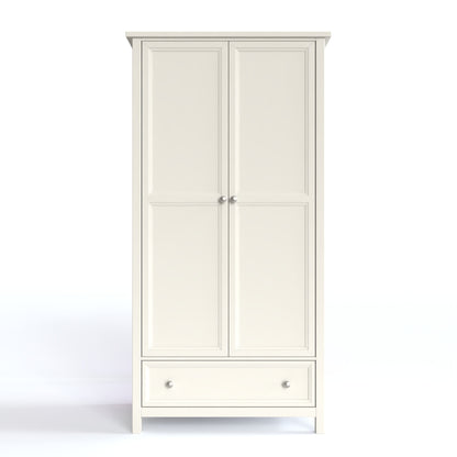 Maine 2 Door Wardrobe in white has 2 tall doors and 1 drawer at the bottom. By Julian Bowen.