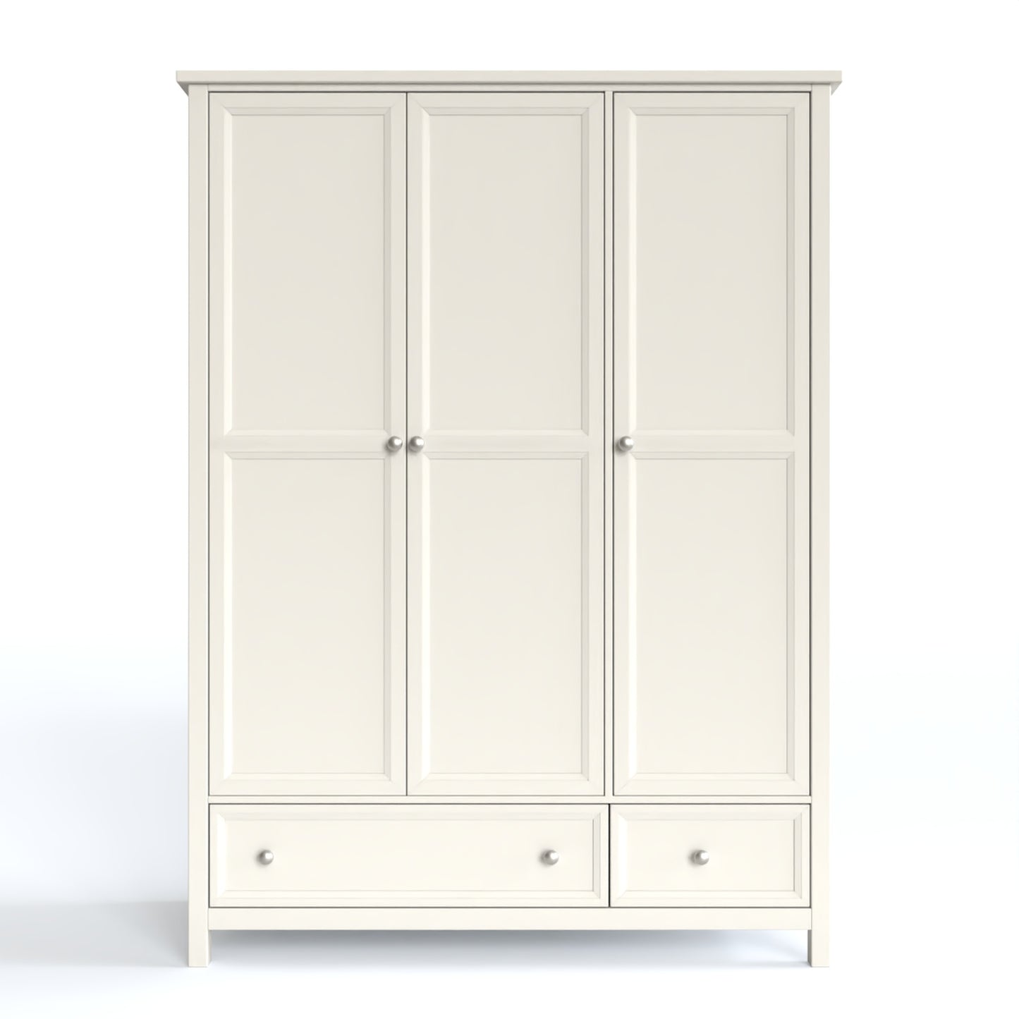 Maine 3 Door Wardrobe in white has 3 tall doors and 2 drawers at the bottom. By Julian Bowen.