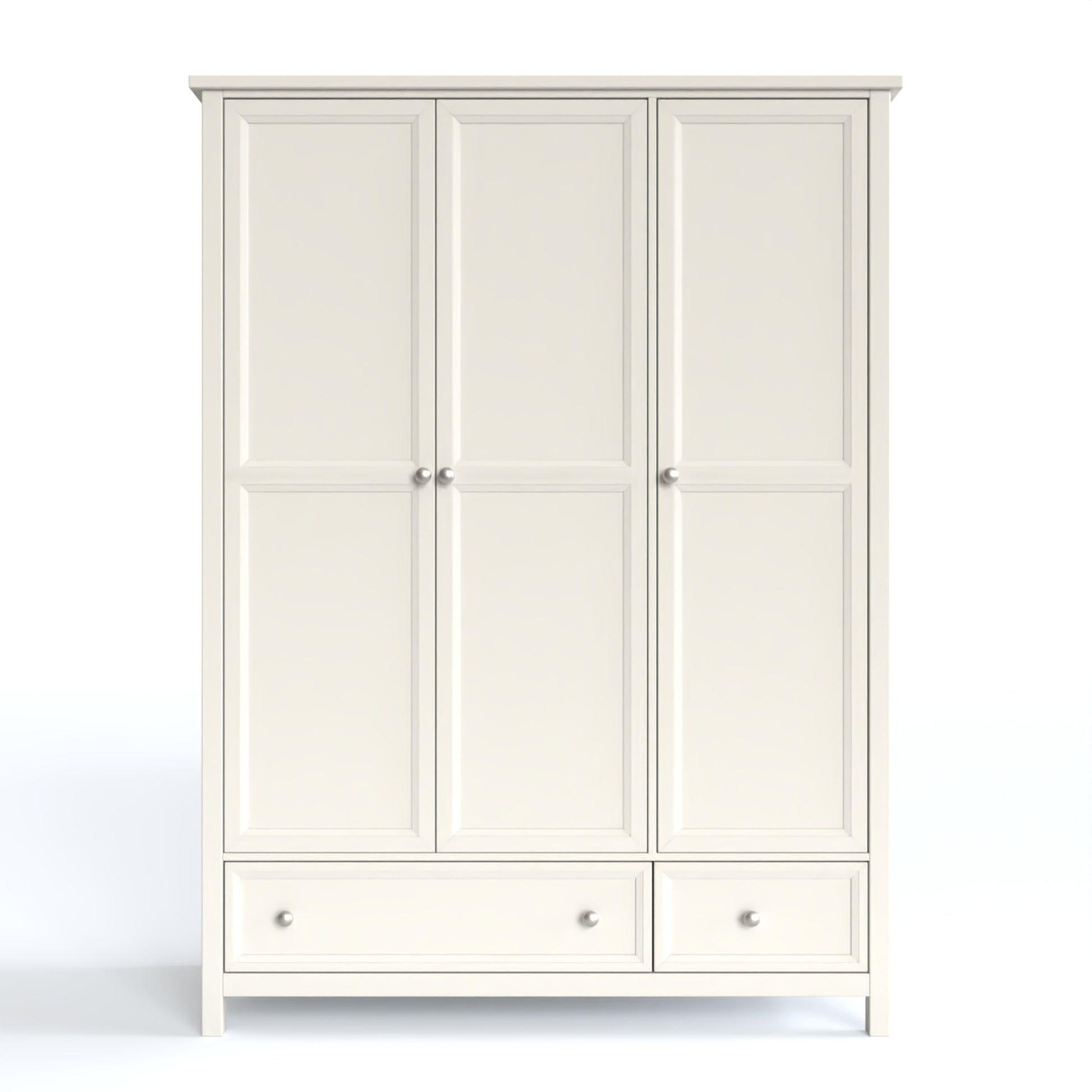 Maine 3 Door Wardrobe in white has 3 tall doors and 2 drawers at the bottom. By Julian Bowen.