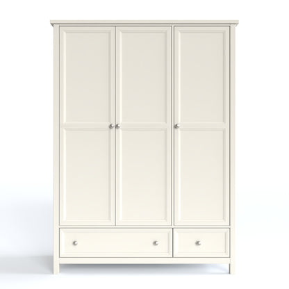 Maine 3 Door Wardrobe in white has 3 tall doors and 2 drawers at the bottom. By Julian Bowen.
