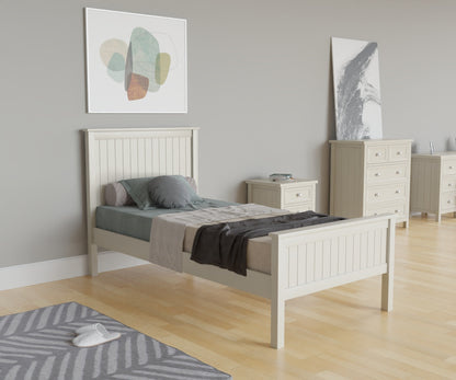 Maine Bed frame (single) in white with headboard. This lifestyle image features other products from the Julian Bowen Maine range.
