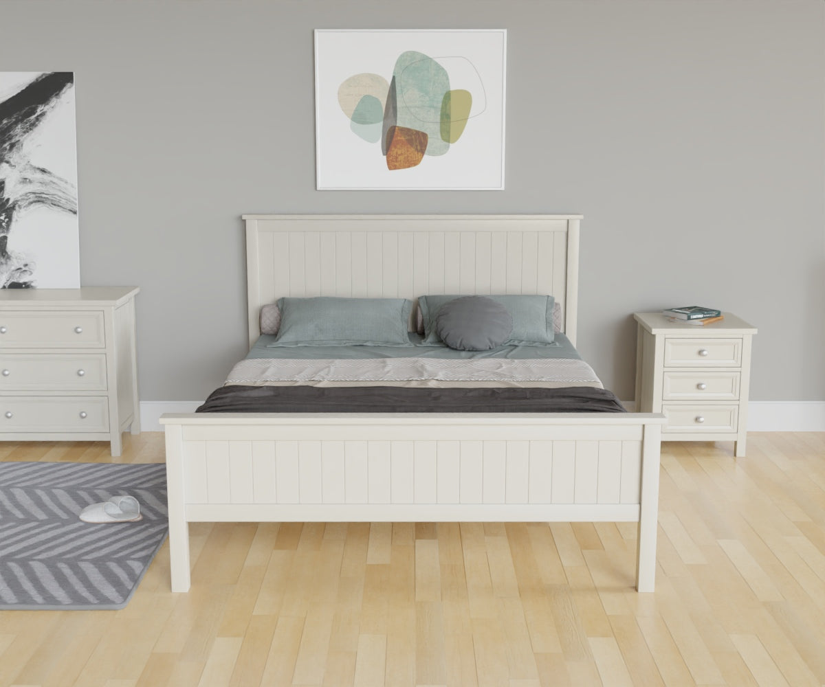 Maine Bed frame in white with headboard. This lifestyle image features other products from the Julian Bowen Maine range.