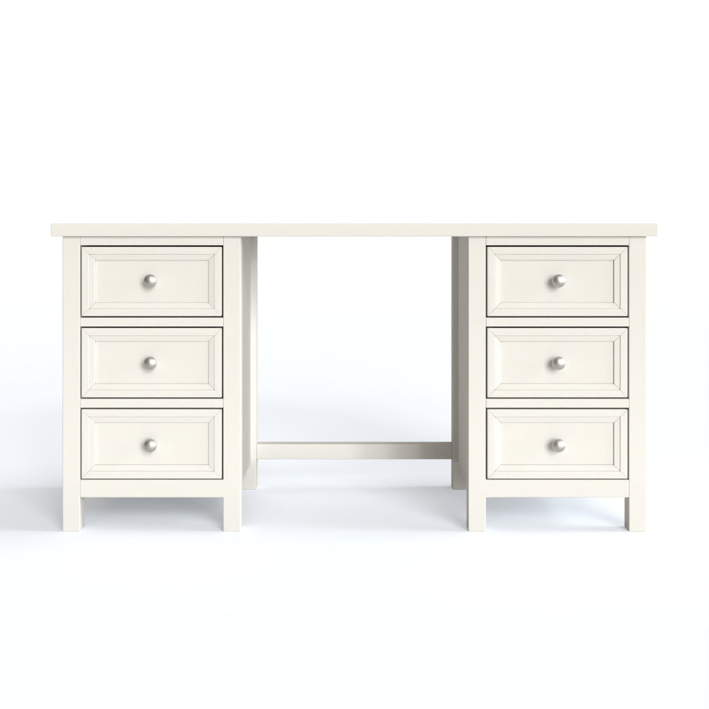 Maine Dressing Table in white has a square-edged top, with 3 vertical drawer at both ends. By Julian Bowen.