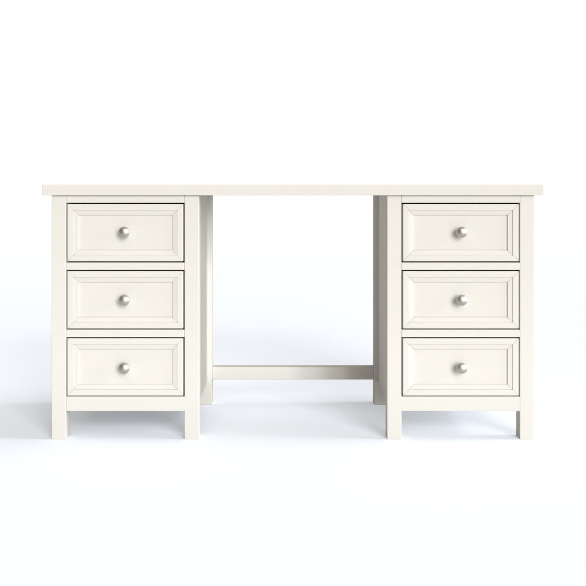 Maine Dressing Table in white has a square-edged top, with 3 vertical drawer at both ends. By Julian Bowen.