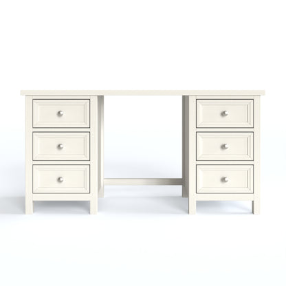Maine Dressing Table in white has a square-edged top, with 3 vertical drawer at both ends. By Julian Bowen.